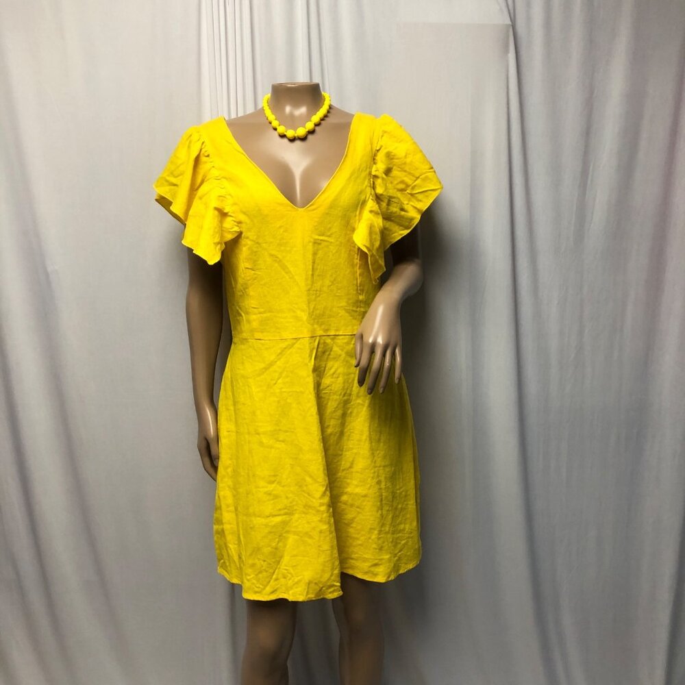 A New Day Dress Womens Size 6 Yellow Linen Rayon Flutter Sleeve V Neck Summer